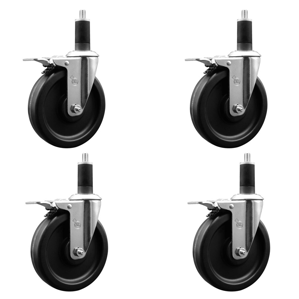 Phenolic Swivel Expanding Stem Caster Set of 4 with Roller Bearings - 6" x 1.5" Black Wheels and 1-1/4" Stems - Includes 4 with Total Lock Brakes - 1200 lbs Total Capacity - Service Caster Brand — photo 1