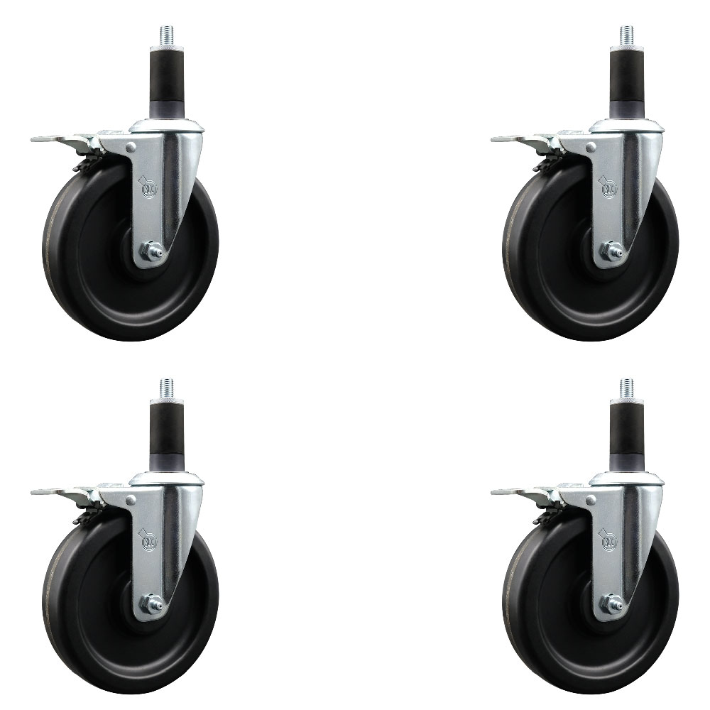 Phenolic Swivel Expanding Stem Caster Set of 4 with 6 Inch Black Wheels and 1-1/4" Stems - Includes 4 Swivel with Total Locking Brakes - 300 lbs. Capacity Per Caster - Service Caster Brand — photo 1
