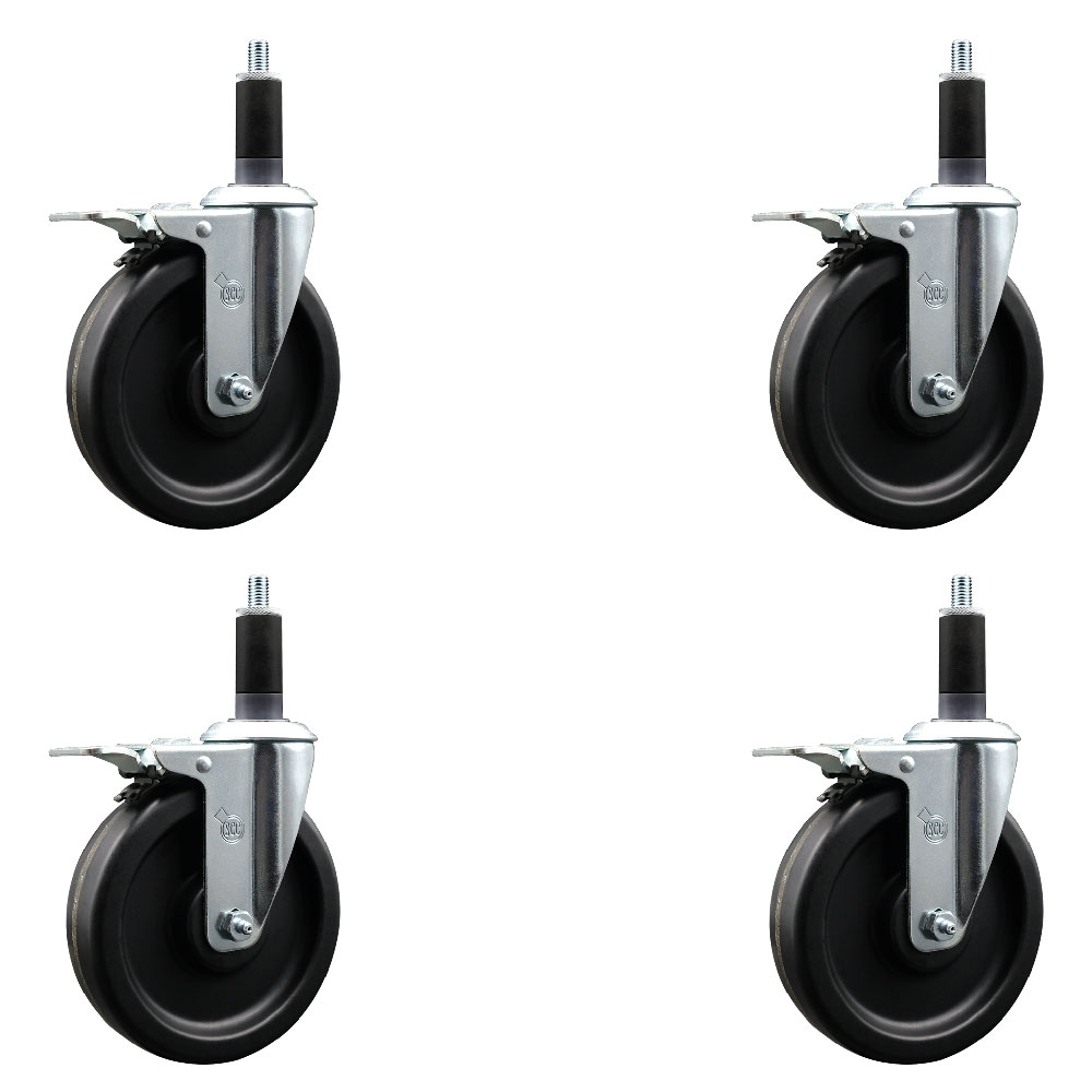 Phenolic Swivel Expanding Stem Caster Set of 4 with 6 Inch Black Wheels and 1-1/8" Stems - Includes 4 Swivel with Total Locking Brakes - 300 lbs. Capacity Per Caster - Service Caster Brand — photo 1