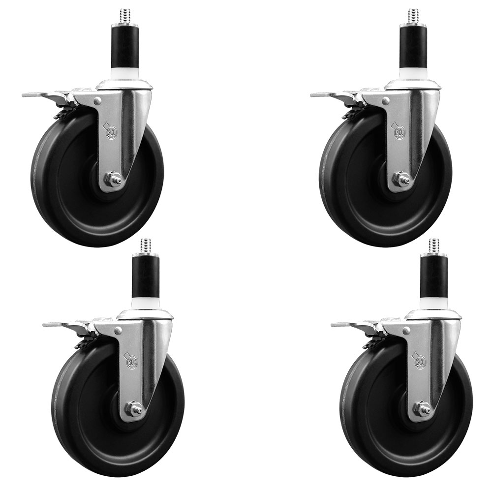 Phenolic Swivel Expanding Stem Caster Set of 4 with Roller Bearings - 6" x 1.5" Black Wheels and 1-3/8" Stems - Includes 4 with Total Lock Brakes - 1200 lbs Total Capacity - Service Caster Brand — photo 1