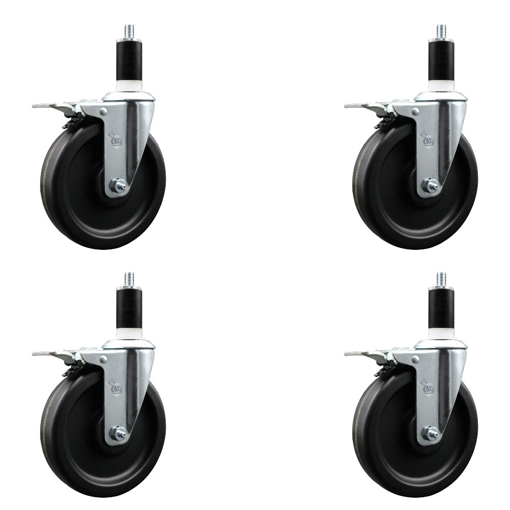 Phenolic Swivel Expanding Stem Caster Set of 4 with 6 Inch Black Wheels and 1-3/8" Stems - Includes 4 Swivel with Total Locking Brakes - 300 lbs. Capacity Per Caster - Service Caster Brand — photo 1