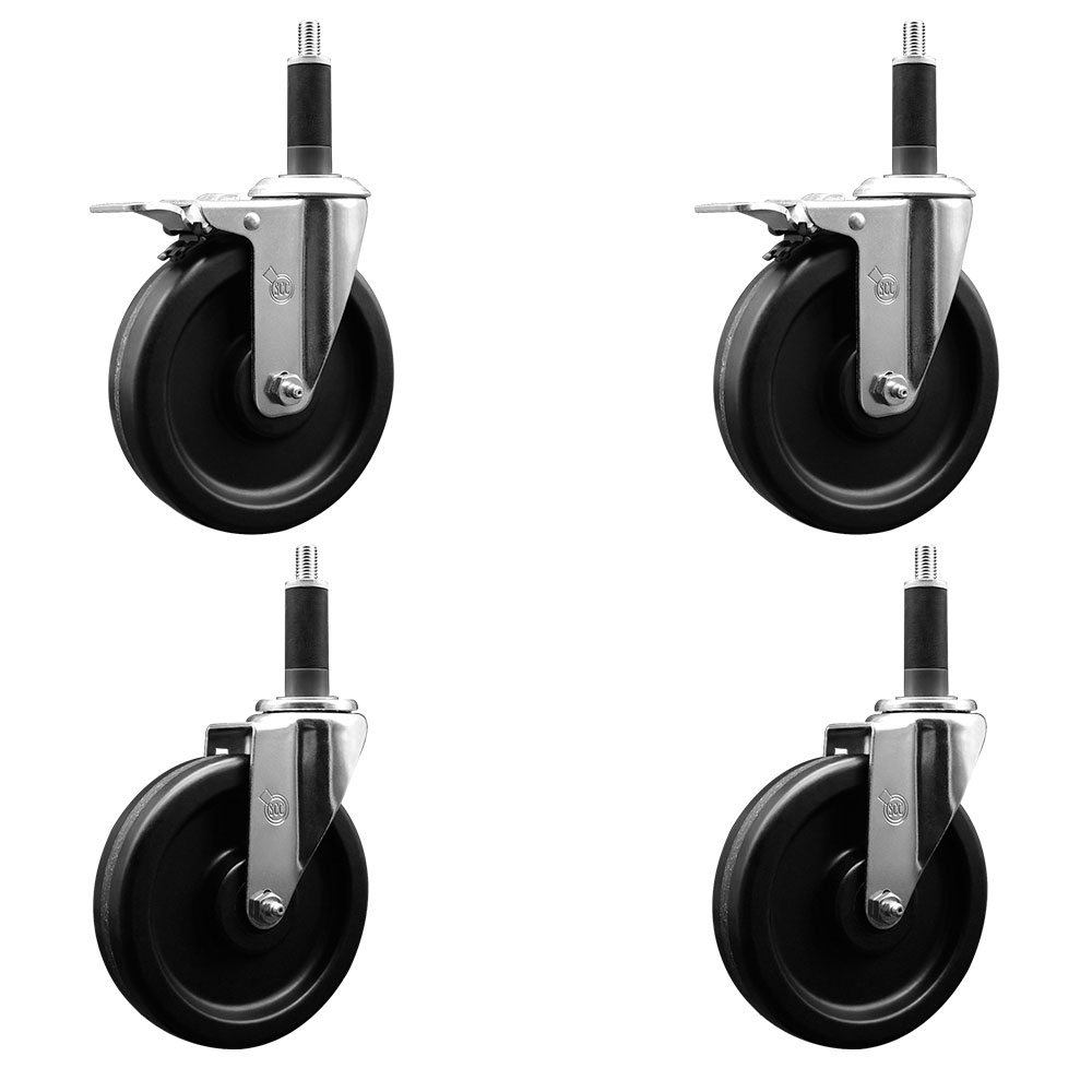 Phenolic Swivel Expanding Stem Caster Set of 4 w/Roller Bearings - 6" x 1.5" Black Wheels and 1" Stems - Includes 2 with Total Locking Brakes - 1200 lbs Total Capacity - Service Caster Brand — photo 1