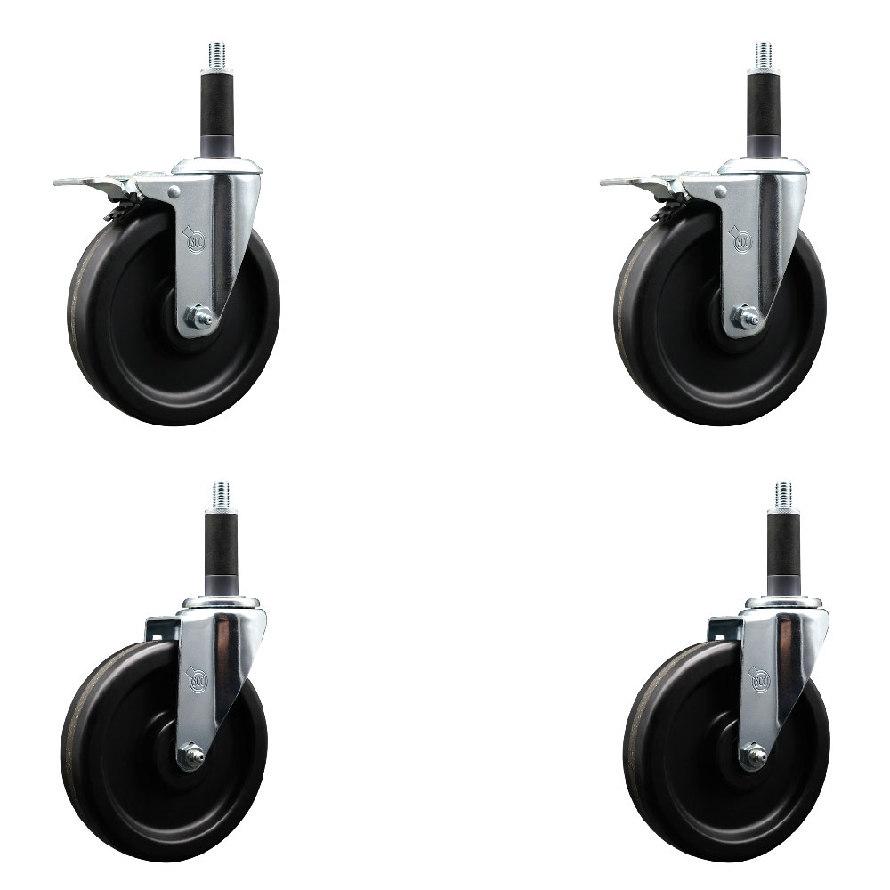 Phenolic Swivel Expanding Stem Caster Set of 4 with 6 Inch Black Wheels and 1" Stems - Includes 2 with Total Locking Brakes - 1200 lbs Total Capacity - Service Caster Brand — photo 1