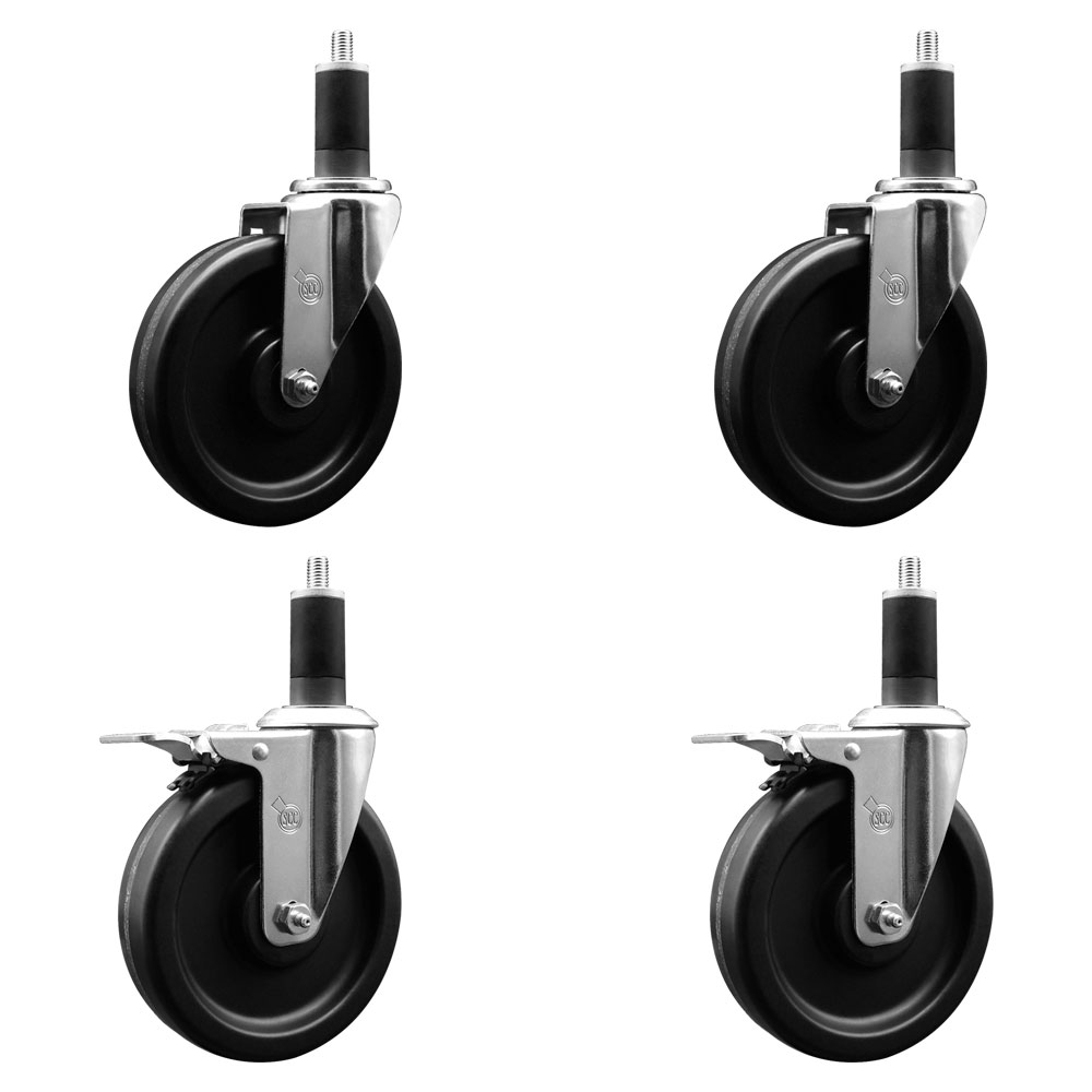Phenolic Swivel Expanding Stem Caster Set of 4 w/Roller Bearings - 6" x 1.5" Black Wheels and 1-1/4" Stems - Includes 2 with Total Locking Brakes - 1200 lbs Total Capacity - Service Caster Brand — photo 1