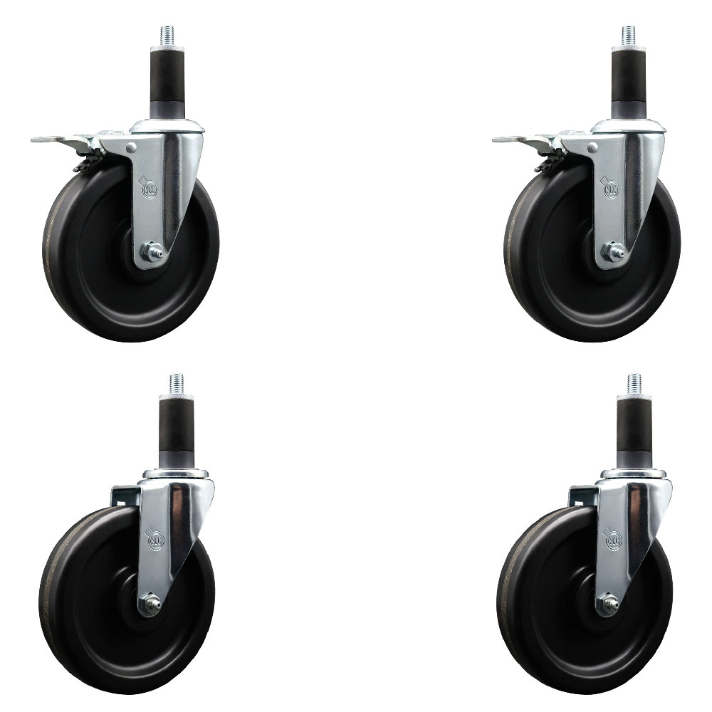 Phenolic Swivel Expanding Stem Caster Set of 4 with 6 Inch Black Wheels and 1-1/4" Stems - Includes 2 with Total Locking Brakes - 1200 lbs Total Capacity - Service Caster Brand — photo 1
