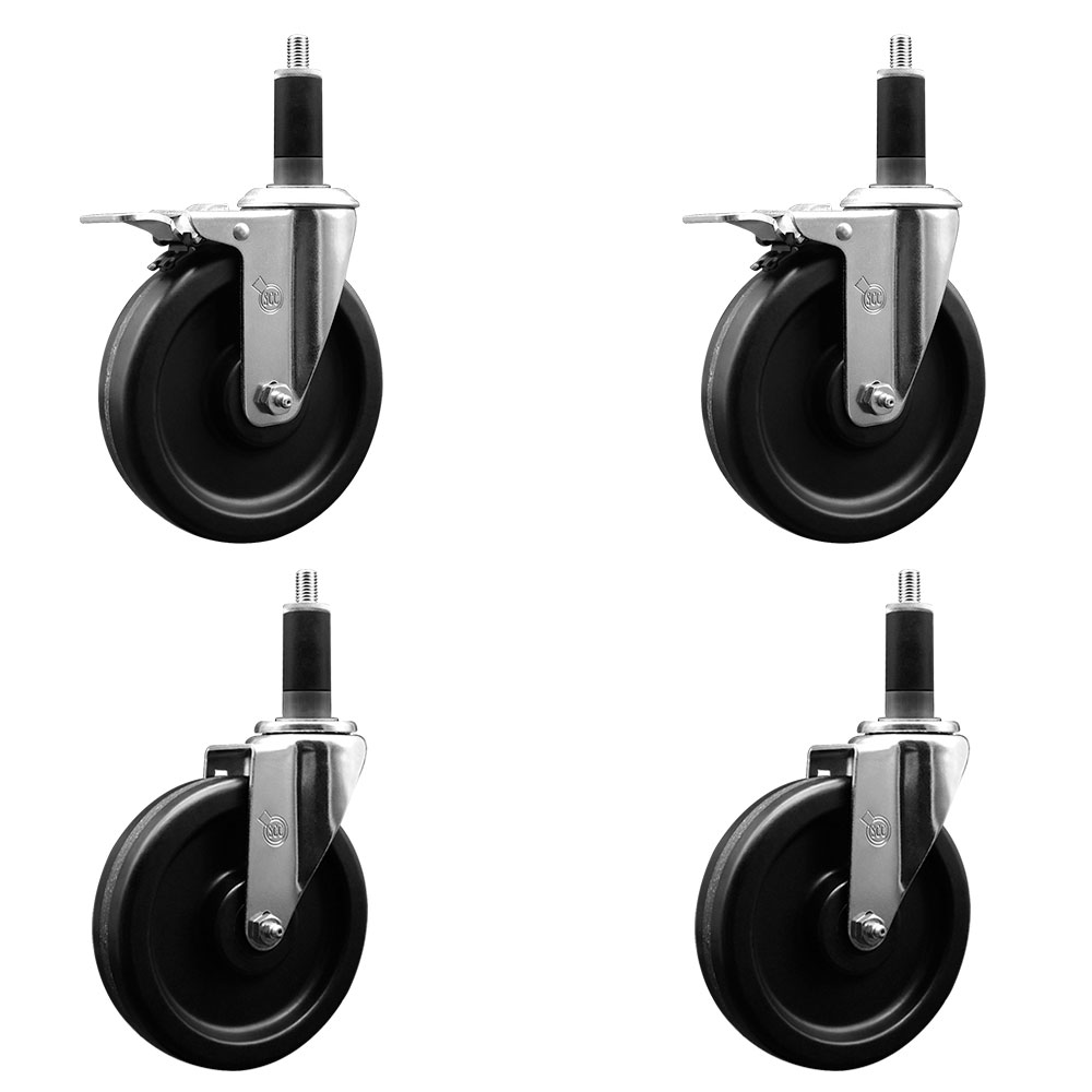 Phenolic Swivel Expanding Stem Caster Set of 4 w/Roller Bearings - 6" x 1.5" Black Wheels and 1-1/8" Stems - Includes 2 with Total Locking Brakes - 1200 lbs Total Capacity - Service Caster Brand — photo 1