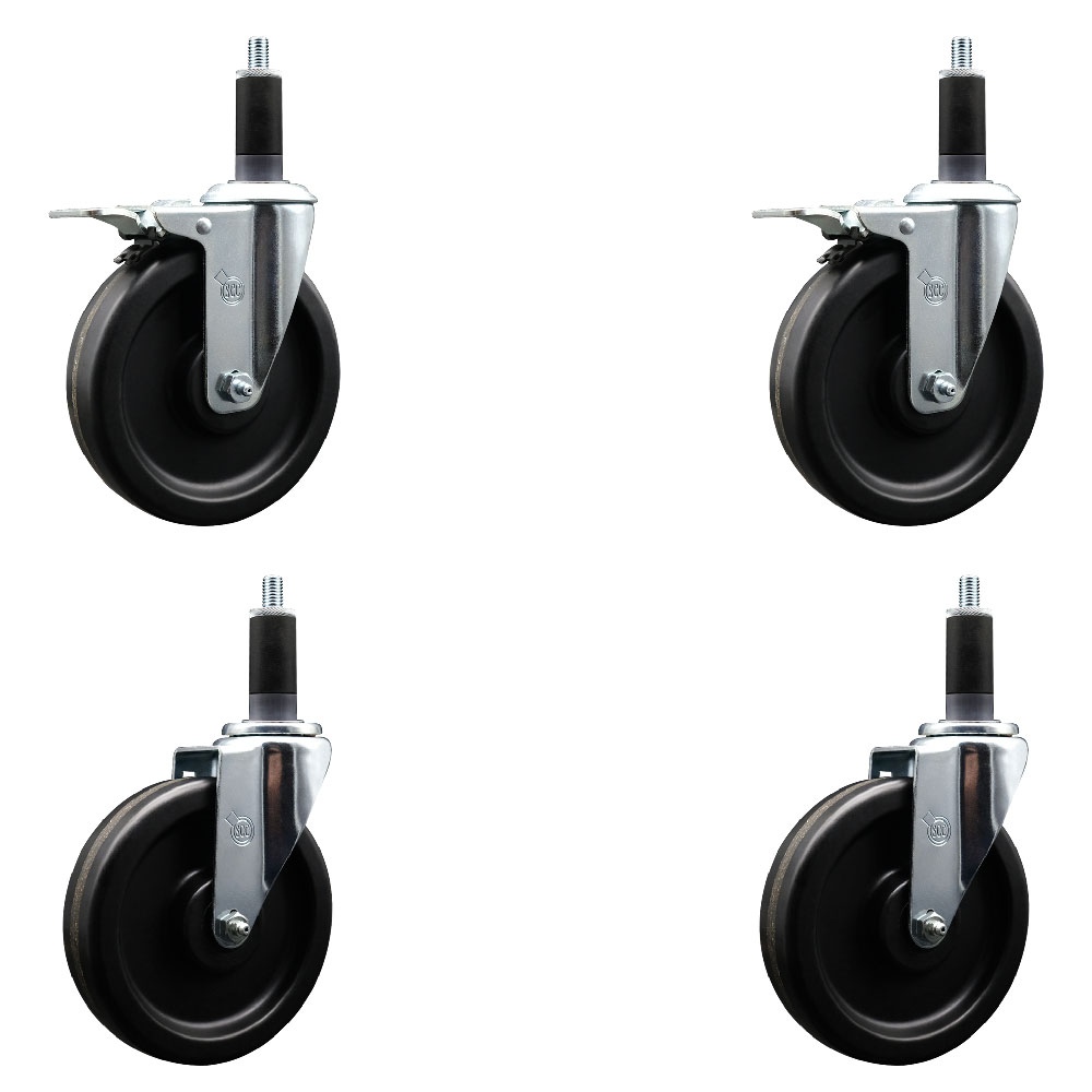 Phenolic Swivel Expanding Stem Caster Set of 4 with 6 Inch Black Wheels and 1-1/8" Stems - Includes 2 with Total Locking Brakes - 1200 lbs Total Capacity - Service Caster Brand — photo 1
