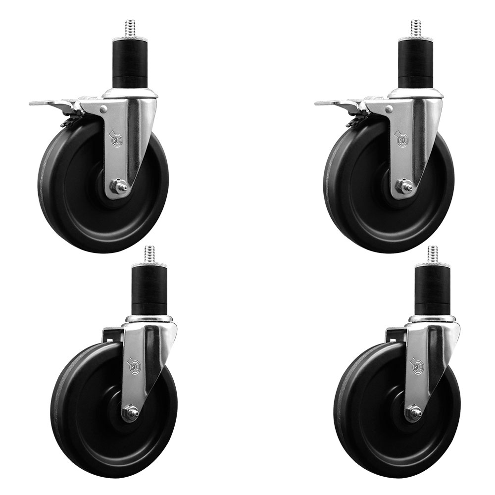 Phenolic Swivel Expanding Stem Caster Set of 4 w/Roller Bearings - 6" x 1.5" Black Wheels and 1-3/4" Stems - Includes 2 with Total Locking Brakes - 1200 lbs Total Capacity - Service Caster Brand — photo 1