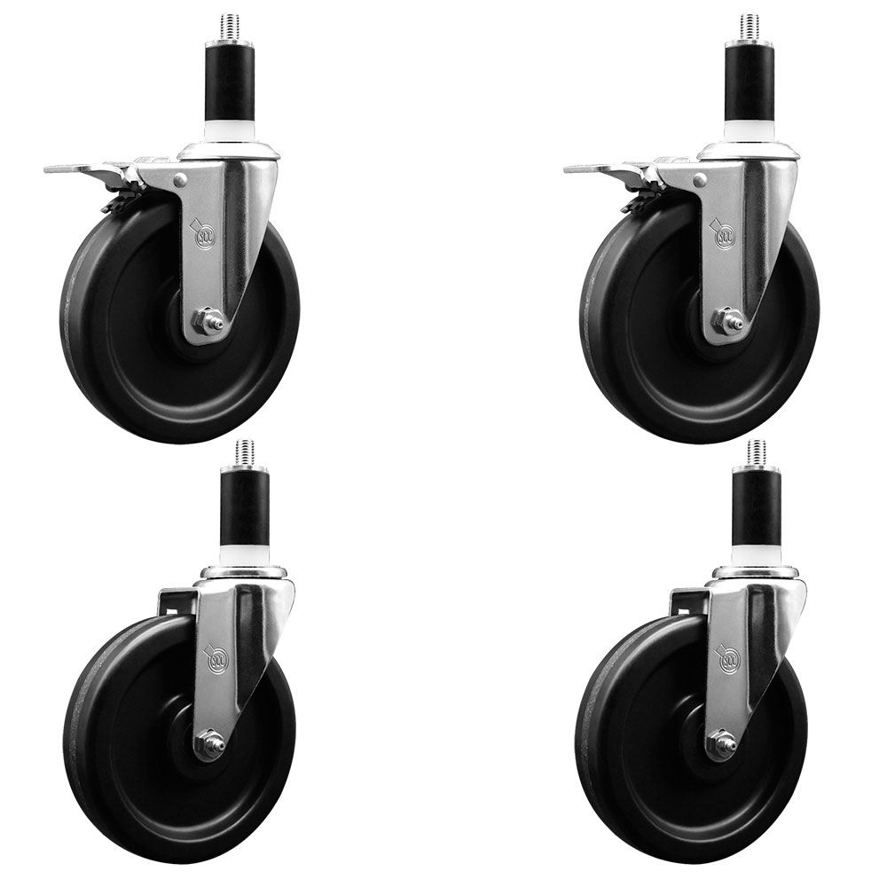 Phenolic Swivel Expanding Stem Caster Set of 4 w/Roller Bearings - 6" x 1.5" Black Wheels and 1-3/8" Stems - Includes 2 with Total Locking Brakes - 1200 lbs Total Capacity - Service Caster Brand — photo 1