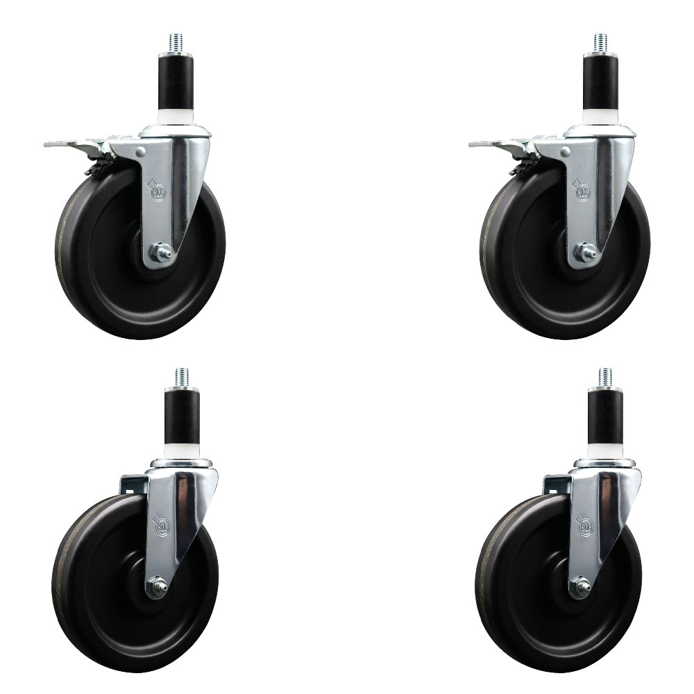 Phenolic Swivel Expanding Stem Caster Set of 4 with 6 Inch Black Wheels and 1-3/8" Stems - Includes 2 with Total Locking Brakes - 1200 lbs Total Capacity - Service Caster Brand — photo 1