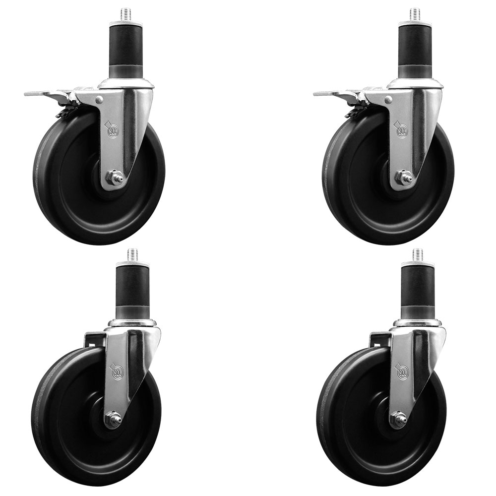 Phenolic Swivel Expanding Stem Caster Set of 4 w/Roller Bearings - 6" x 1.5" Black Wheels and 1-5/8" Stems - Includes 2 with Total Locking Brakes - 1200 lbs Total Capacity - Service Caster Brand — photo 1