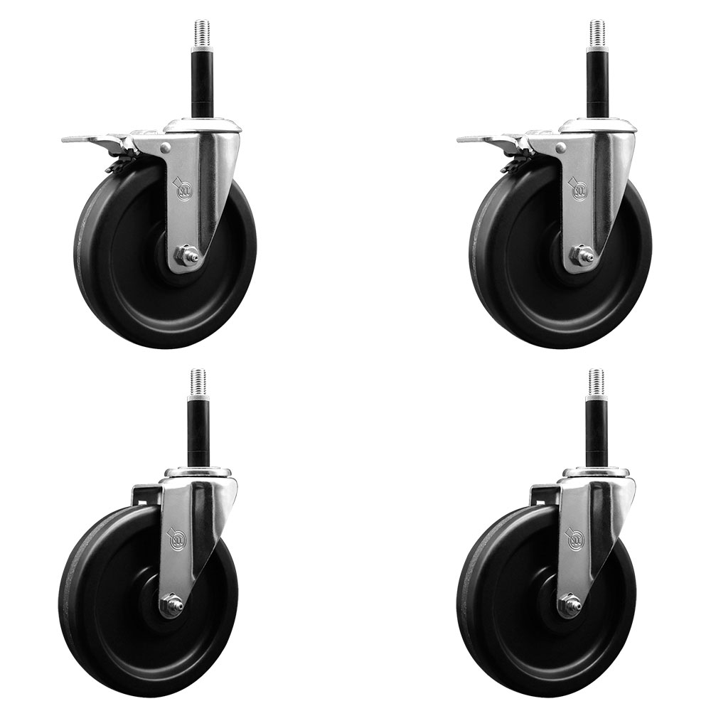 Phenolic Swivel Expanding Stem Caster Set of 4 w/Roller Bearings - 6" x 1.5" Black Wheels and 3/4" Stems - Includes 2 with Total Locking Brakes - 1200 lbs Total Capacity - Service Caster Brand — photo 1