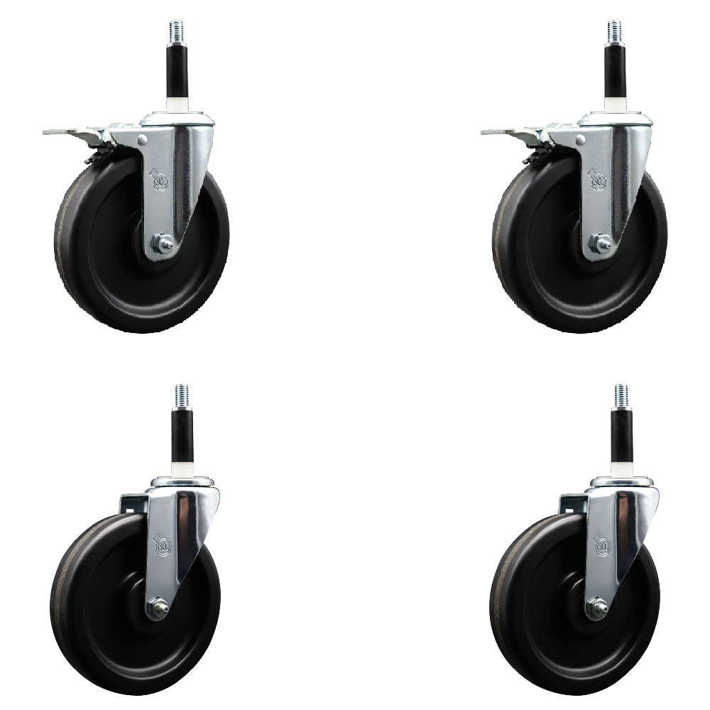 Phenolic Swivel Expanding Stem Caster Set of 4 with 6 Inch Black Wheels and 7/8" Stems - Includes 2 with Total Locking Brakes - 1200 lbs Total Capacity - Service Caster Brand — photo 1