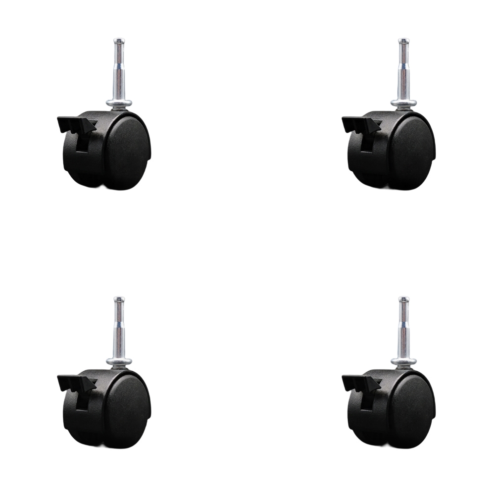 2 Inch Office Chair Wheels with Brakes – Flat Black Metal Hooded Twin Wheel – 5/16 Inch Grip Neck Stems – 300 lbs. Total Capacity – Sockets for Wood Included – Set of 4 – Service Caster Brand — photo 1