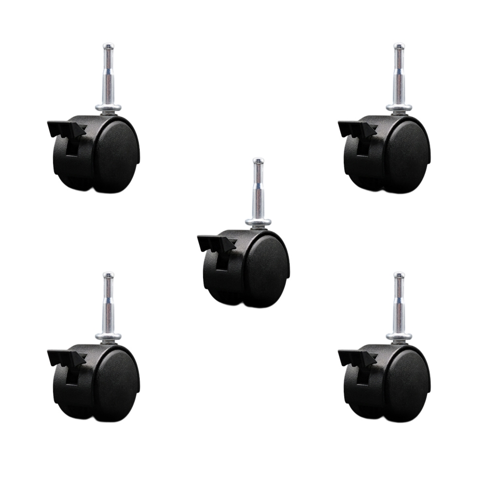 2 Inch Office Chair Wheels with Brakes – Flat Black Metal Hooded Twin Wheel – 5/16 Inch Grip Neck Stems – 375 lbs. Total Capacity – Sockets for Wood Included – Set of 5 – Service Caster Brand — photo 1