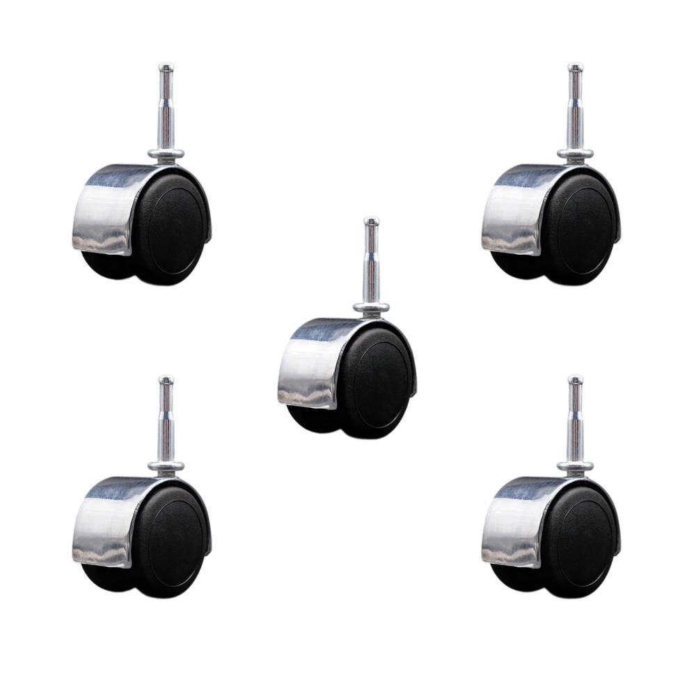 2 Inch Floor Safe Office Chair Wheels – Bright Chrome Metal Hooded Twin Wheel – 5/16 Inch Grip Neck Stems – 375 lbs. Total Capacity – Sockets for Wood Included – Set of 5 – Service Caster Brand — photo 1