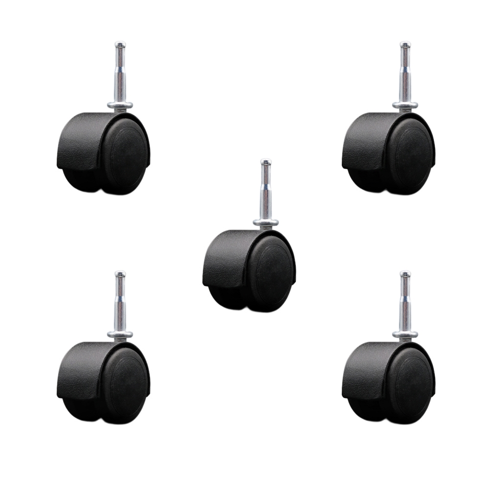 2 Inch Floor Safe Office Chair Wheels – Flat Black Metal Hooded Twin Wheel – 5/16 Inch Grip Neck Stems – 375 lbs. Total Capacity – Sockets for Wood Included – Set of 5 – Service Caster Brand — photo 1
