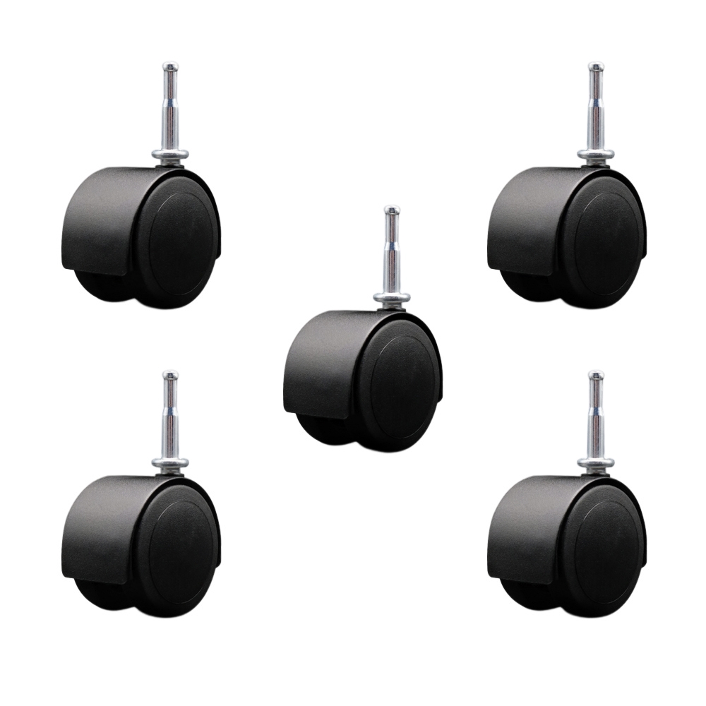 2-3/8 Inch Floor Safe Office Chair Wheels – Flat Black Metal Hooded Twin Wheel – 5/16 Inch Grip Neck Stems – 500 lbs. Total Capacity – Sockets for Wood Included – Set of 5 – Service Caster Brand — photo 1
