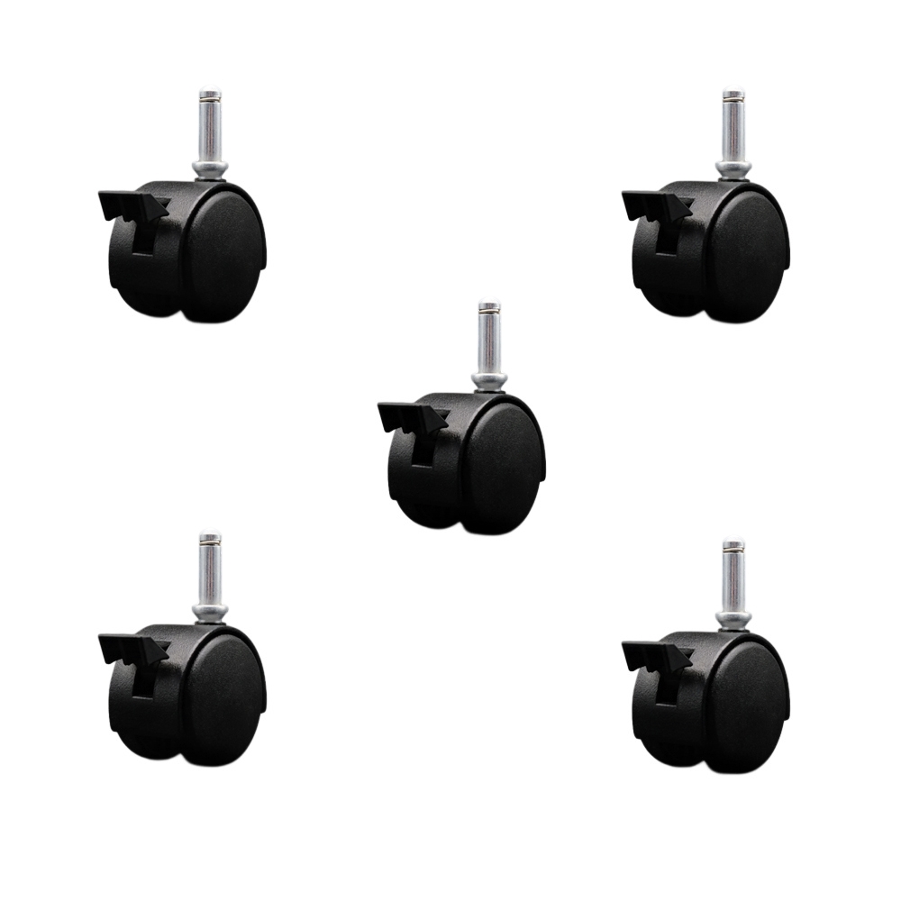 2 Inch Office Chair Wheels with Brakes – Flat Black Metal Hooded Twin Wheel – 7/16 Inch by 1-7/16 Inch Grip Ring Stems – 375 lbs. Total Capacity – Set of 5 – Service Caster Brand — photo 1