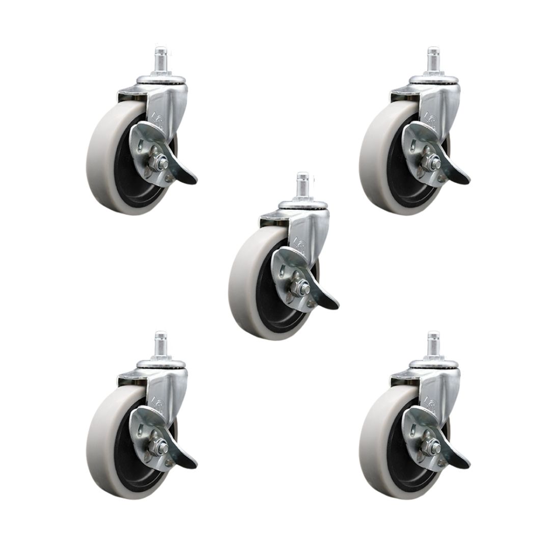 4 Inch Swivel Thermoplastic Rubber Caster Wheels and 7/16 Inch by 7/8 Inch Grip Ring Stem Caster and Brake - 625 lbs. Total Capacity - Set of 5 - Service Caster Brand — photo 1