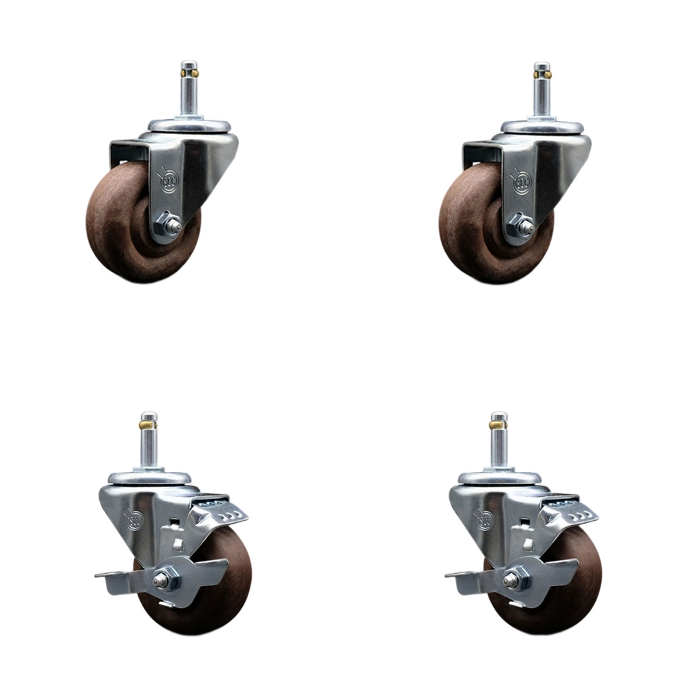 High Temp Glass Filled Nylon Swivel Grip Ring Stem Caster Set of 4 w/3" x 1.25" Brown Wheels and 7/16" Stems - Includes 2 with Top Locking Brake - 1400 lbs Total Capacity - Service Caster Brand — photo 1