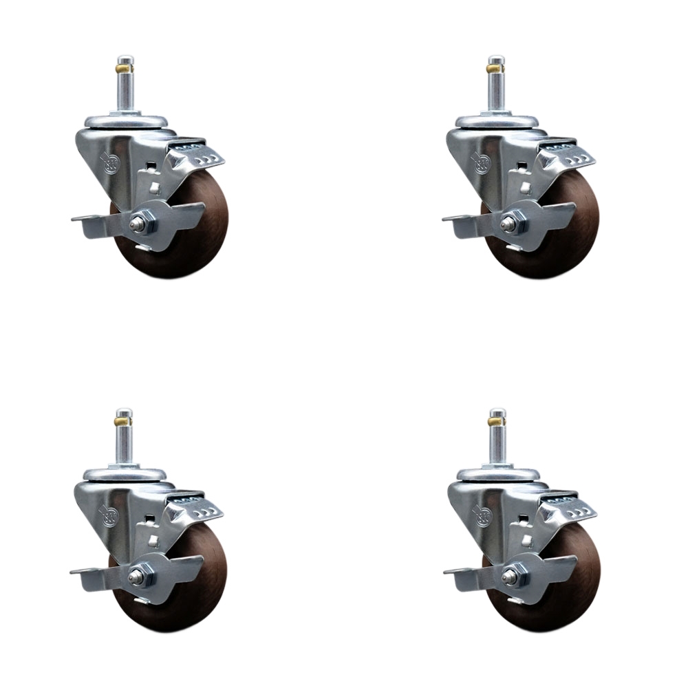 High Temp Glass Filled Nylon Swivel Grip Ring Stem Caster Set of 4 w/3" x 1.25" Brown Wheels and 7/16" Stems - Includes 4 with Top Lock Brakes - 1400 lbs Total Capacity - Service Caster Brand — photo 1