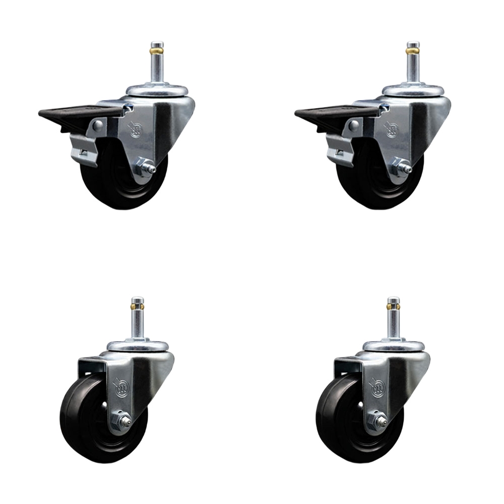 Hard Rubber Swivel Grip Ring Stem Caster Set of 4 w/3" x 1.25" Black Wheels and 7/16" Stems - Includes 2 with Posi Locking Brake - 1100 lbs Total Capacity - Service Caster Brand — photo 1