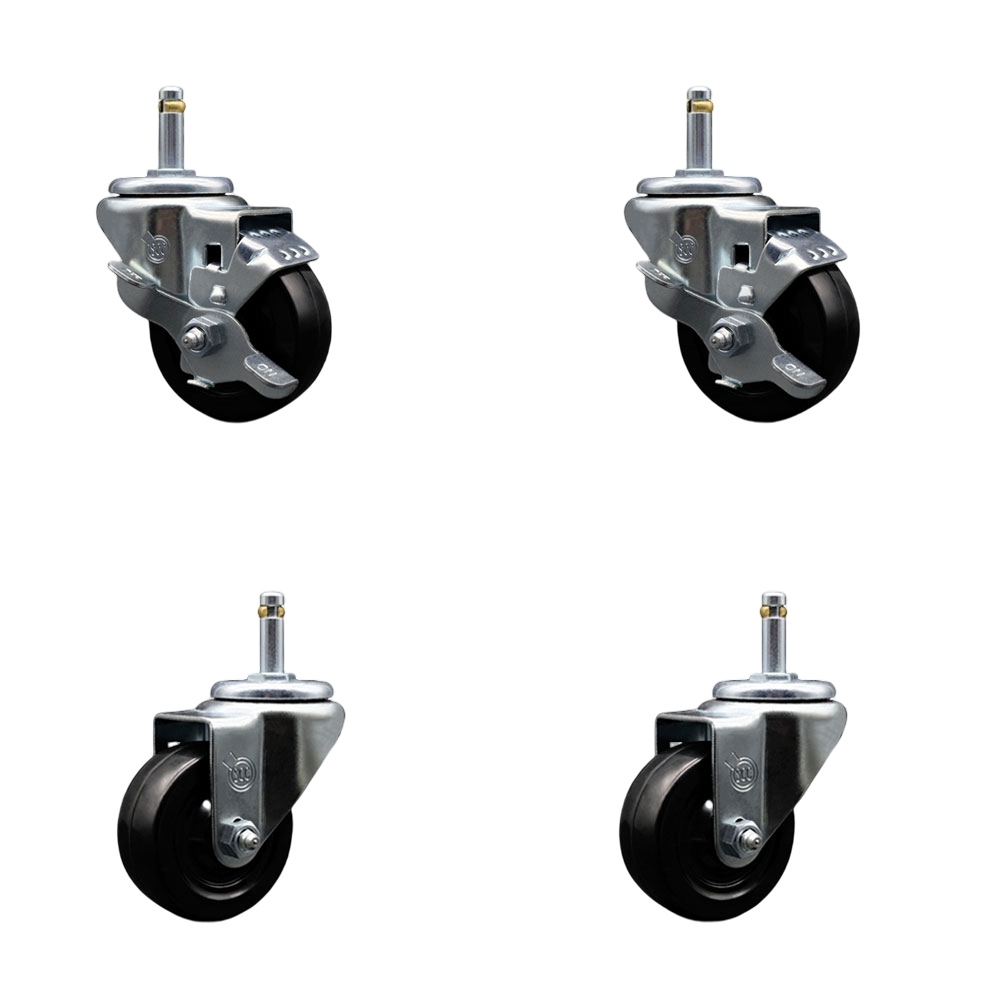 Hard Rubber Swivel Grip Ring Stem Caster Set of 4 w/3" x 1.25" Black Wheels and 7/16" Stems - Includes 2 with Top Locking Brake - 1100 lbs Total Capacity - Service Caster Brand — photo 1