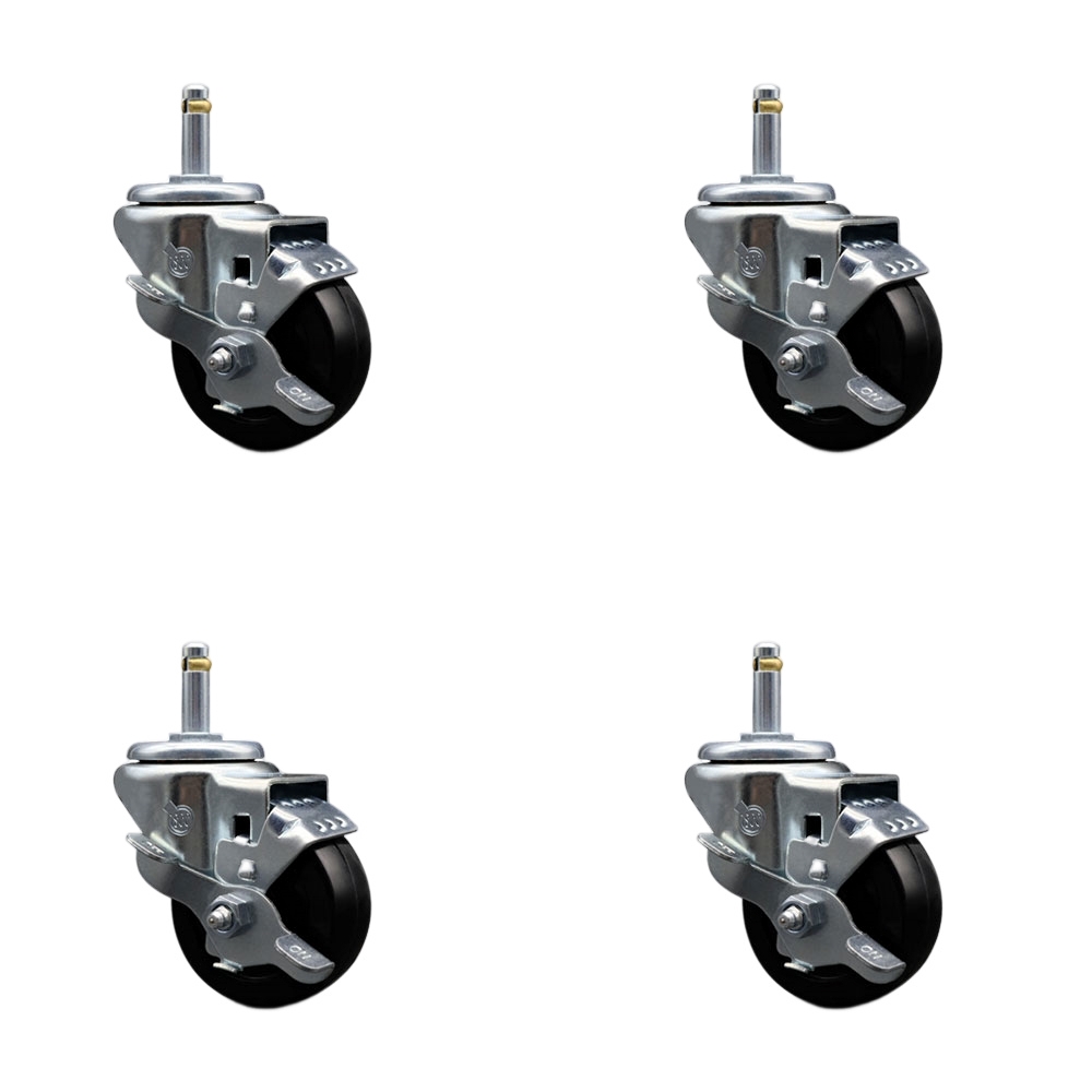 Hard Rubber Swivel Grip Ring Stem Caster Set of 4 w/3" x 1.25" Black Wheels and 7/16" Stems - Includes 4 with Top Lock Brakes - 1100 lbs Total Capacity - Service Caster Brand — photo 1