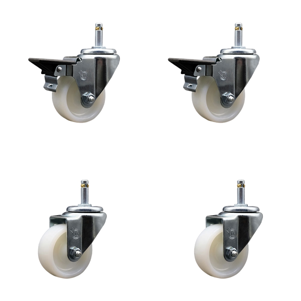 Nylon Swivel Grip Ring Stem Caster Set of 4 w/3" x 1.25" White Wheels and 7/16" Stems - Includes 2 with Posi Locking Brake - 1200 lbs Total Capacity - Service Caster Brand — photo 1