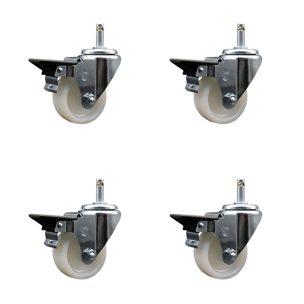 Nylon Swivel Grip Ring Stem Caster Set of 4 w/3" x 1.25" White Wheels and 7/16" Stems - Includes 4 with Posi Lock Brakes - 1200 lbs Total Capacity - Service Caster Brand — photo 1