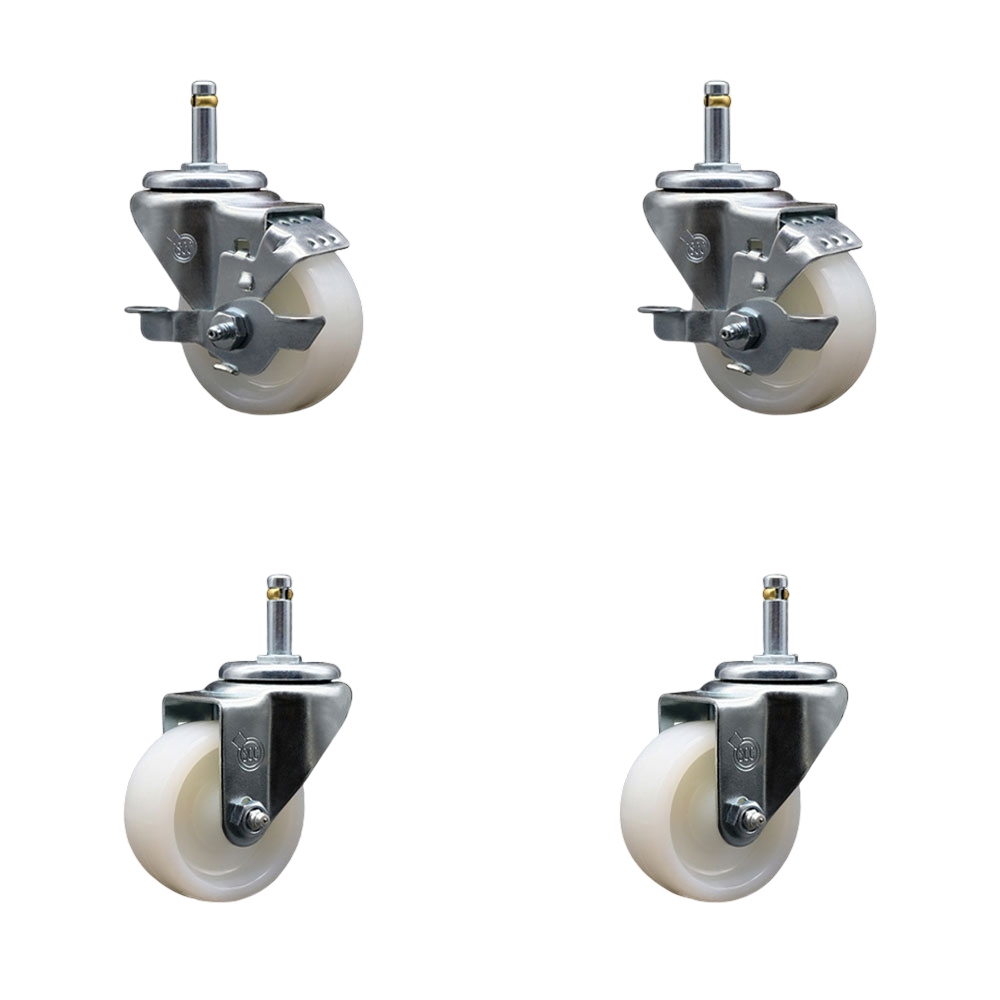 Nylon Swivel Grip Ring Stem Caster Set of 4 w/3" x 1.25" White Wheels and 1/2" Stems - Includes 2 with Top Locking Brake - 1200 lbs Total Capacity - Service Caster Brand — photo 1