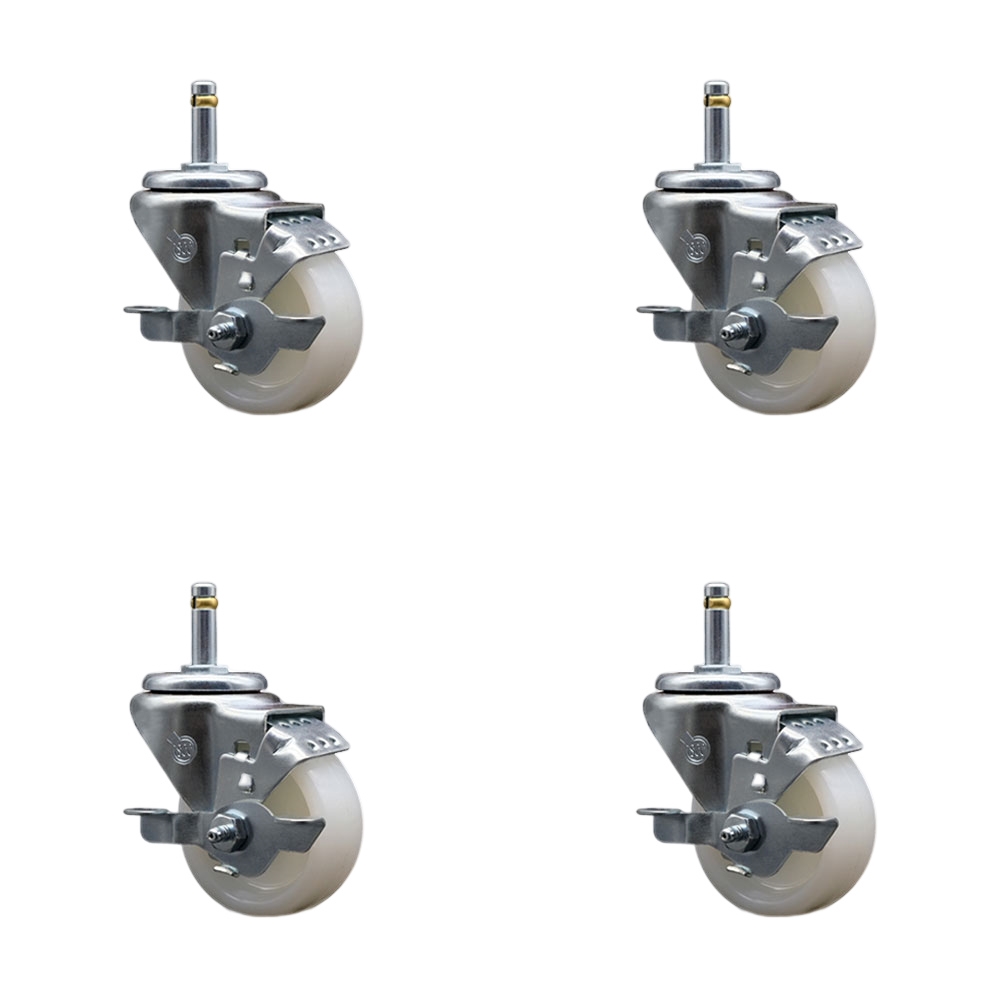 Nylon Swivel Grip Ring Stem Caster Set of 4 w/3" x 1.25" White Wheels and 7/16" Stems - Includes 4 with Top Lock Brakes - 1200 lbs Total Capacity - Service Caster Brand — photo 1
