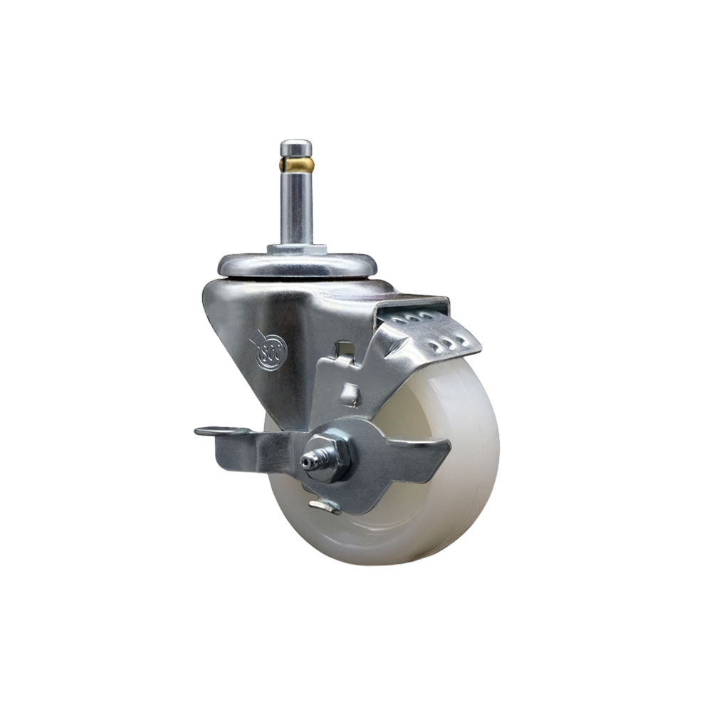 Nylon Swivel Grip Ring Stem Caster w/3" x 1.25" White Wheel and 7/16" Stem & Top Locking Brake - 300 lbs Capacity/Caster - Service Caster Brand — photo 1