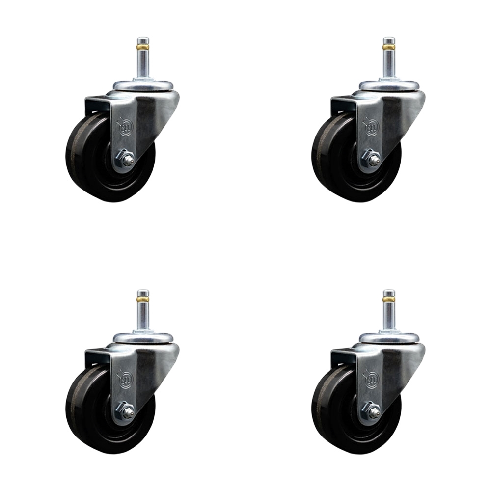 Phenolic Swivel Grip Ring Stem Caster w/Roller Bearing Set of 4 w/3" x 1.25" Black Wheels and 7/16" Stems - Includes 4 Swivel - 1200 lbs Total Capacity - Service Caster Brand — photo 1