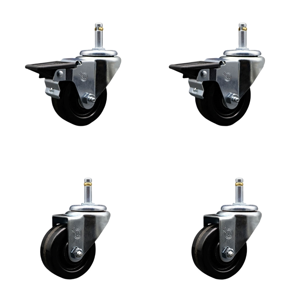 Phenolic Swivel Grip Ring Stem Caster Set of 4 - 3" x 1.25" Black Wheels and 7/16" Stems - Includes 2 with Posi Locking Brake - 1200 lbs Total Capacity - Service Caster Brand — photo 1