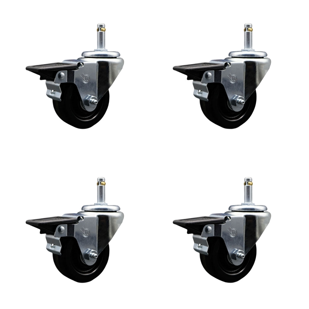 Phenolic Swivel Grip Ring Stem Caster Set of 4 w/3" x 1.25" Black Wheels and 7/16" Stems - Includes 4 with Posi Lock Brakes - 1200 lbs Total Capacity - Service Caster Brand — photo 1