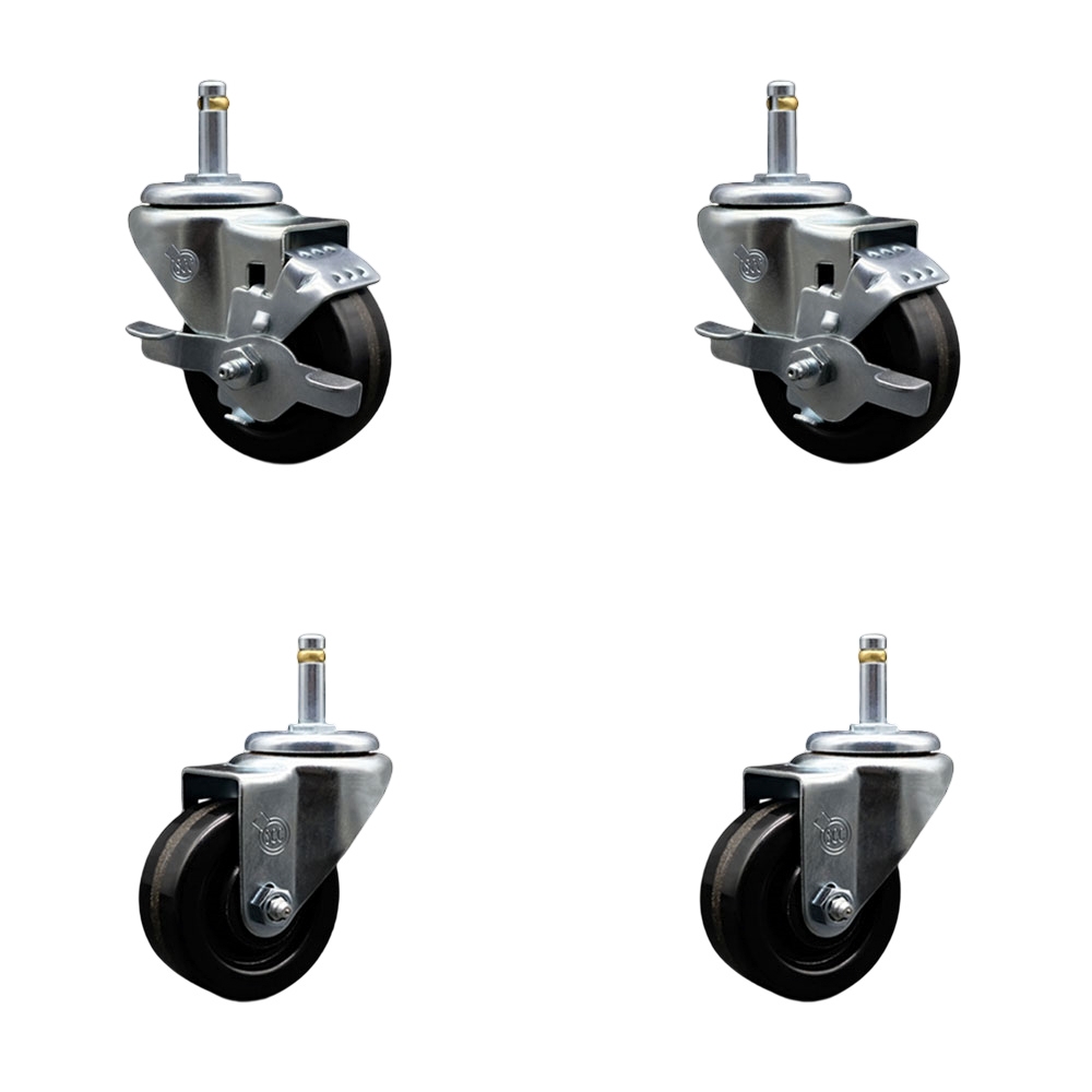 Phenolic Swivel Grip Ring Stem Caster Set of 4 - 3" x 1.25" Black Wheels and 7/16" Stems - Includes 2 with Top Locking Brake - 1200 lbs Total Capacity - Service Caster Brand — photo 1