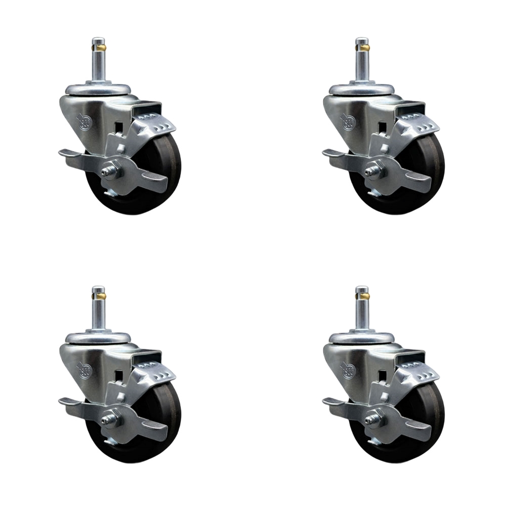 Phenolic Swivel Grip Ring Stem Caster Set of 4 w/3" x 1.25" Black Wheels and 7/16" Stems - Includes 4 with Top Lock Brakes - 1200 lbs Total Capacity - Service Caster Brand — photo 1
