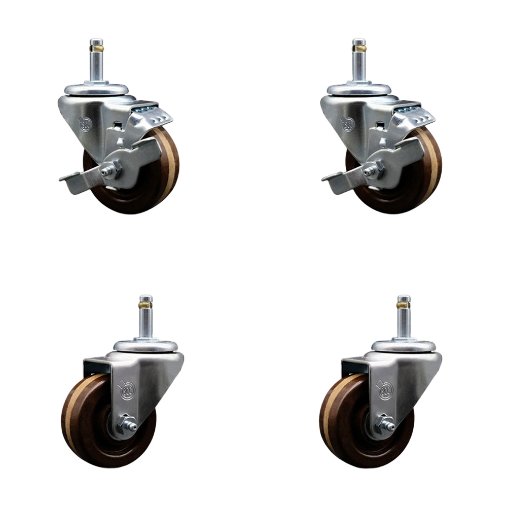 High Temperature Phenolic Swivel Grip Ring Stem Caster Set of 4 - 3" x 1.25" Brown Wheels and 7/16" Stems - Includes 2 with Top Locking Brake - 1200 lbs Total Capacity - Service Caster Brand — photo 1