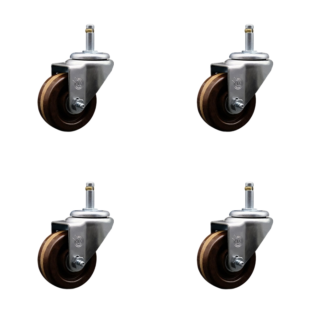 High Temperature Phenolic Swivel Grip Ring Stem Caster Set of 4 w/3" x 1.25" Brown Wheels and 7/16" Stems - Includes 4 Swivel - 1200 lbs Total Capacity - Service Caster Brand — photo 1