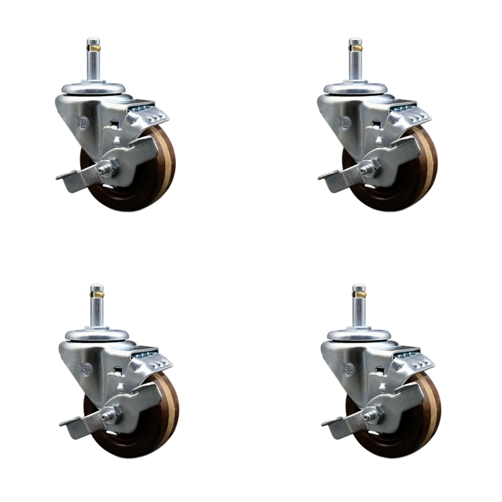 High Temperature Phenolic Swivel Grip Ring Stem Caster w/Roller Bearing Set of 4 w/3" x 1.25" Brown Wheels & 7/16" Stems - Includes 4 with Top Lock Brakes-1200 lbs Total Capacity- Service Caster Brand — photo 1