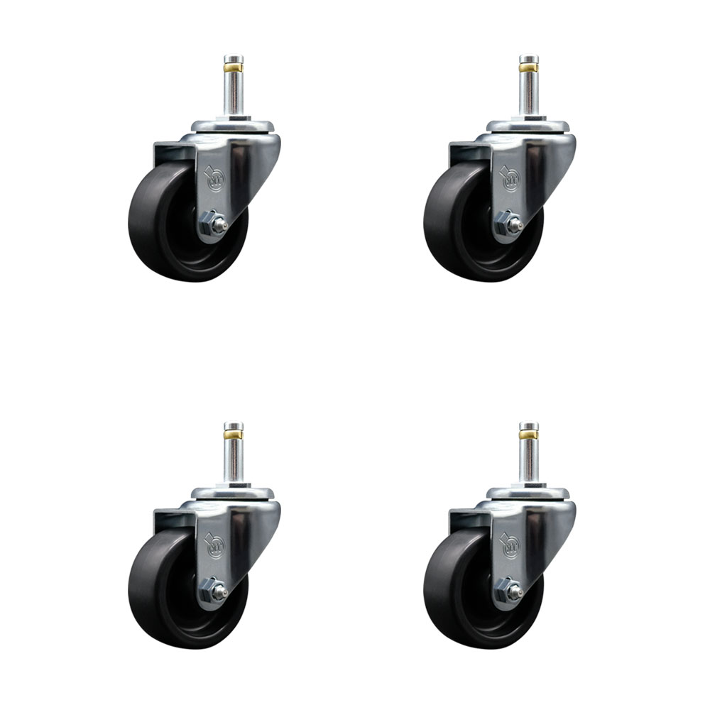Polyolefin Swivel Grip Ring Stem Caster Wheels Set of 4 with 3 Inch Black Wheels and 7/16" Stems - Includes 4 Swivel - 1200 lbs. Total Capacity - Service Caster Brand — photo 1