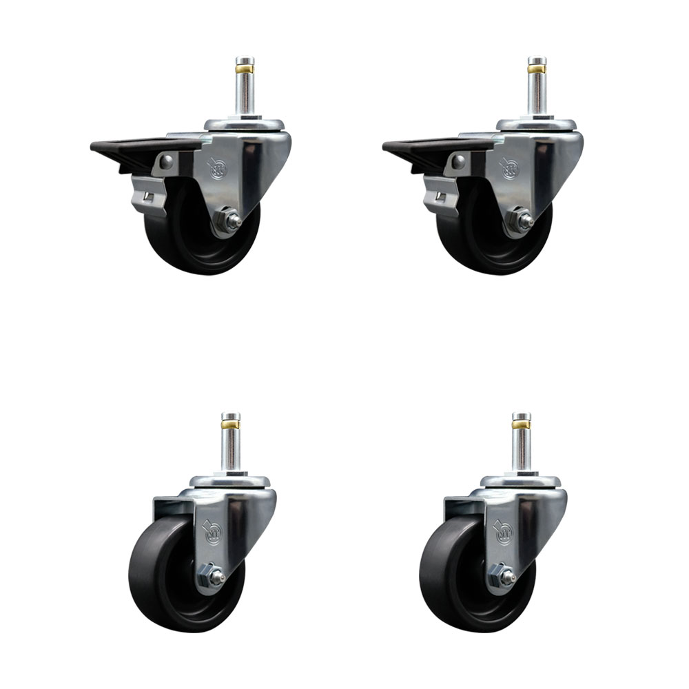 Polyolefin Swivel Grip Ring Stem Caster Wheels Set of 4 with 3 Inch Black Wheels and 7/16" Stems - Includes 2 with Posi Lock Brakes - 1200 lbs. Total Capacity - Service Caster Brand — photo 1