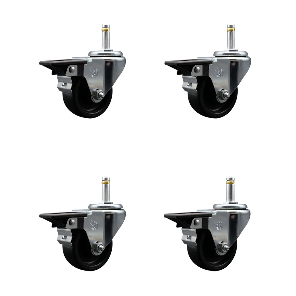 Polyolefin Swivel Grip Ring Stem Caster Wheels Set of 4 with 3 Inch Black Wheels and 7/16" Stems - Includes 4 with Posi Lock Brakes - 1200 lbs. Total Capacity - Service Caster Brand — photo 1