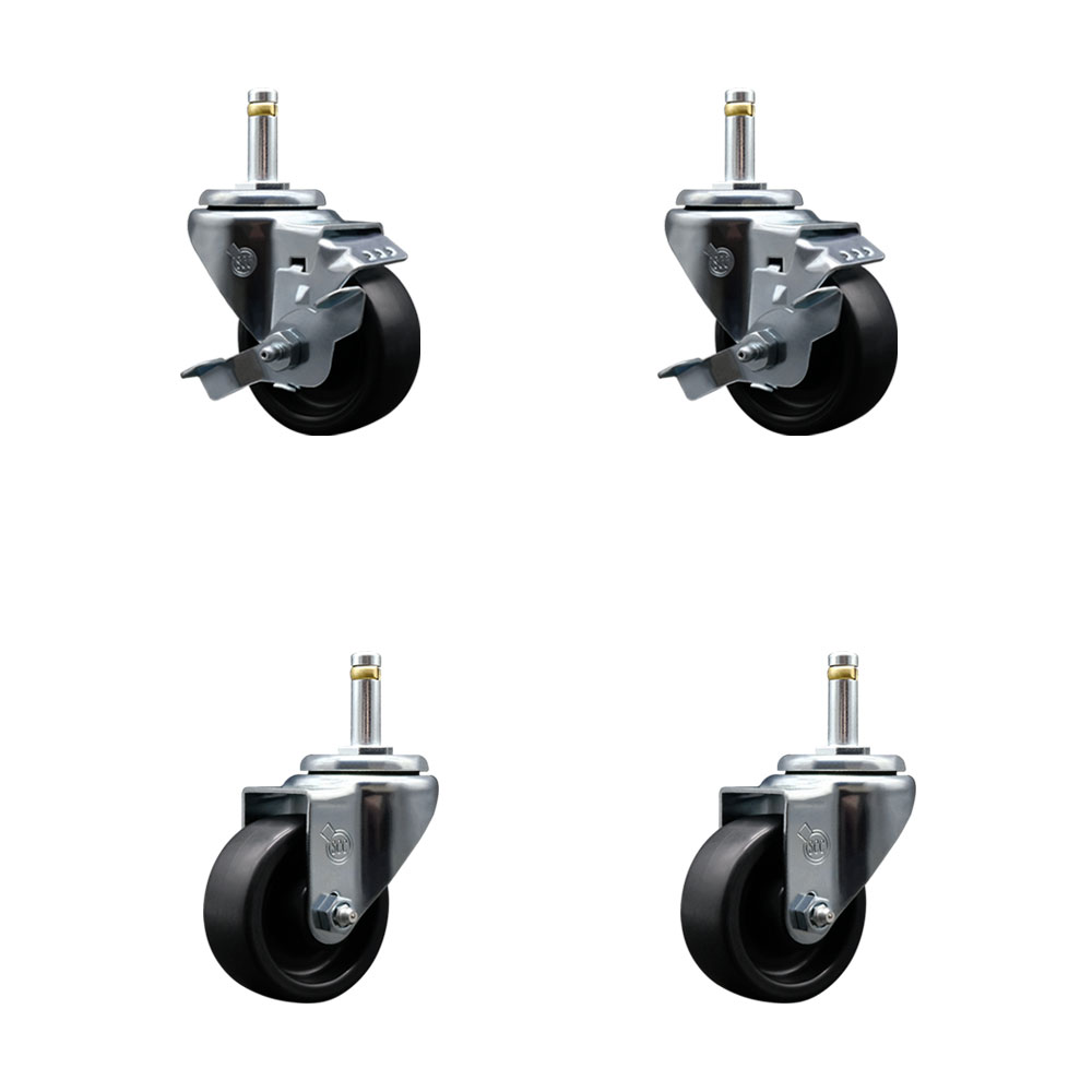Polyolefin Swivel Grip Ring Stem Caster Wheels Set of 4 with 3 Inch Black Wheels and 7/16" Stems - Includes 2 with Top Lock Brakes - 1200 lbs. Total Capacity - Service Caster Brand — photo 1