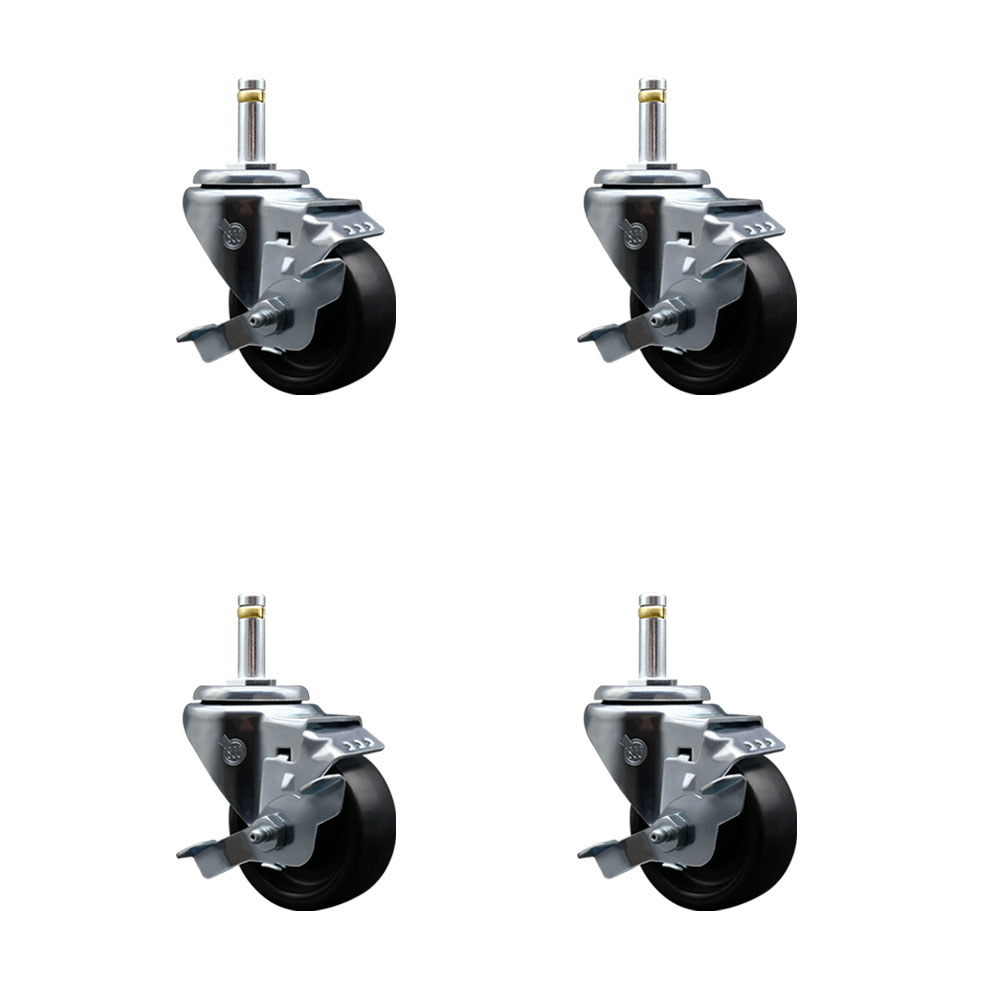 Polyolefin Swivel Grip Ring Stem Caster Wheels Set of 4 with 3 Inch Black Wheels and 7/16" Stems - Includes 4 with Top Lock Brakes - 1200 lbs. Total Capacity - Service Caster Brand — photo 1