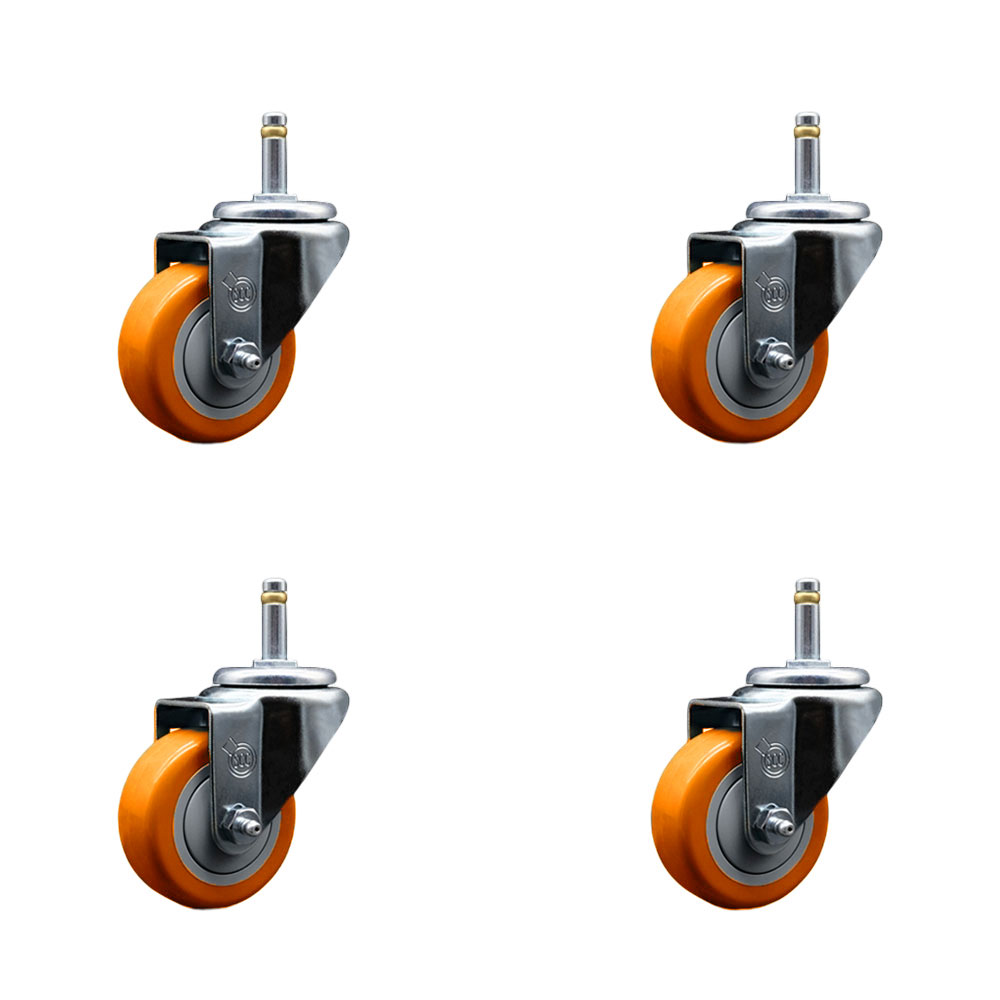 Polyurethane Swivel Grip Ring Stem Caster Set of 4 w/3" x 1.25" Orange Wheels and 7/16" Stems - Includes 4 Swivel - 1200 lbs Total Capacity - Service Caster Brand — photo 1