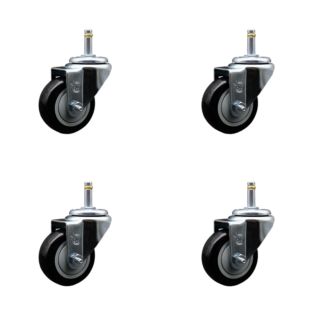 Polyurethane Swivel Grip Ring Stem Caster Set of 4 w/3" x 1.25" Black Wheels and 7/16" Stems - Includes 4 Swivel - 1200 lbs Total Capacity - Service Caster Brand — photo 1