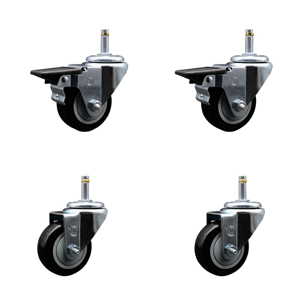 Polyurethane Swivel Grip Ring Stem Caster Set of 4 w/3" x 1.25"  Black Wheels and 7/16" Stems - Includes 2 with Posi Locking Brake - 1200 lbs Total Capacity - Service Caster Brand — photo 1